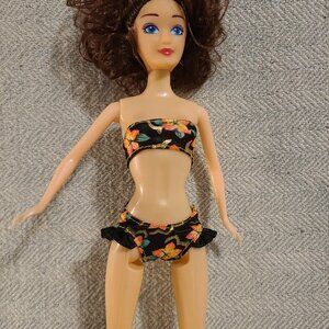 Vintage 1990s Barbie tropical splash bikini- black & gold floral print- 1994